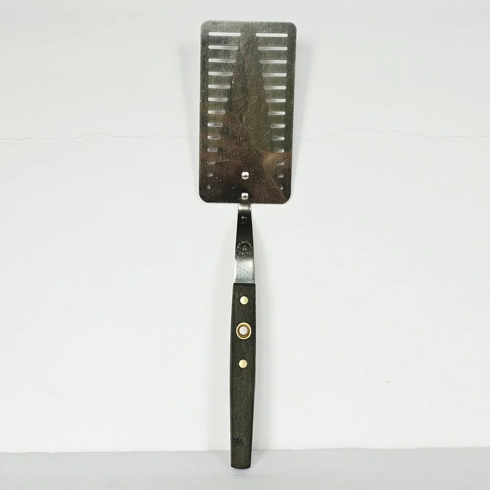Vintage Flint Stainless Steel Slotted Spatula Dark Handle Made in USA Turner